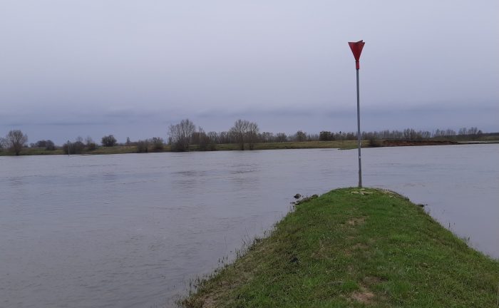 Foto van een kribbe in de Rijn, met aan het eind een paal